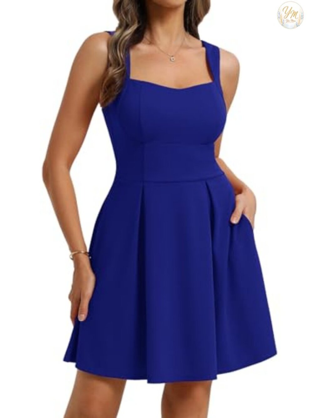 Square Neck A-Line Mini Dress with Pockets, Adjustable Straps, Sweetheart